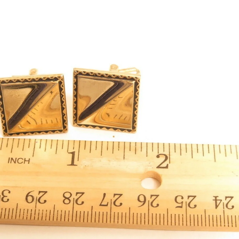 Vintage Signed Square‎ Black Edge Gold Cufflinks